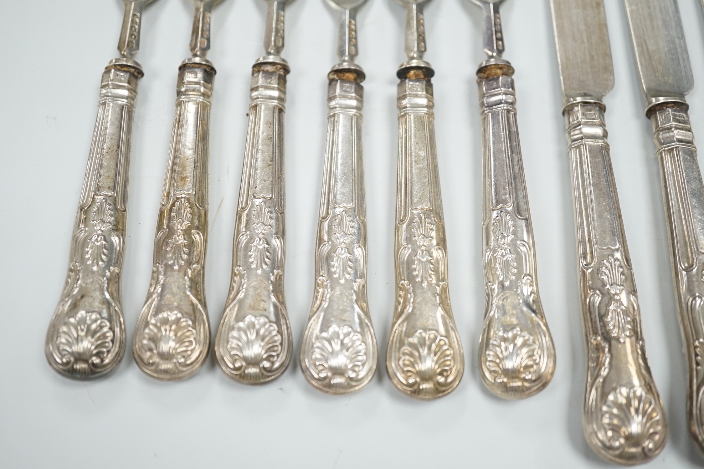 Six pairs of Victorian silver Kings pattern dessert eaters, John Gilbert & Co, Birmingham, 1871, (a.f.)